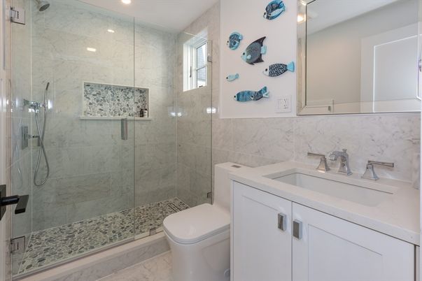 Bathroom, Glass Shower, Interior, Marble Walls, Recessed Lighting