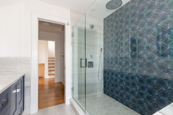 Bathroom, Glass Shower, Interior, Recessed Lighting, Wood Texture Flooring