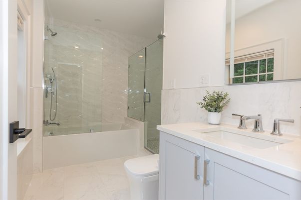 Bathroom, Glass Shower, Interior, Marble, Marble Walls, Recessed Lighting
