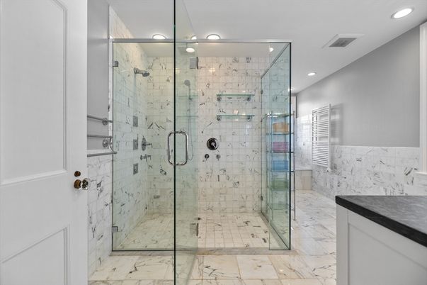 Bathroom, Glass Shower, Interior, Marble, Marble Walls, Recessed Lighting