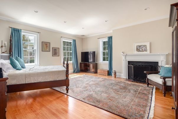 Bedroom, Fireplace, Interior, Recessed Lighting, Wood Texture Flooring