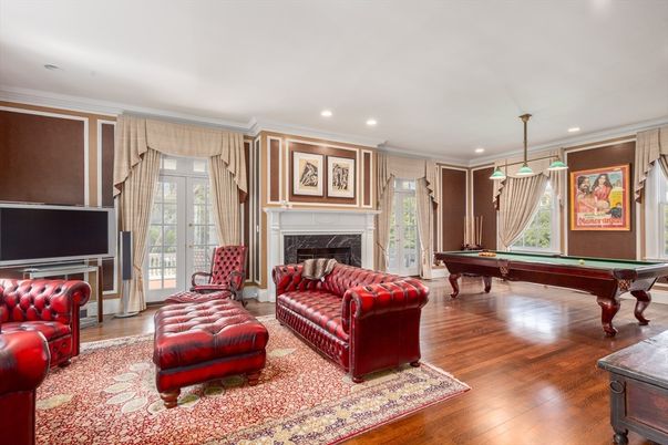 Billiard Table, Fireplace, Game Room, Interior, Pendant Lights, Recessed Lighting, Wood Texture Flooring