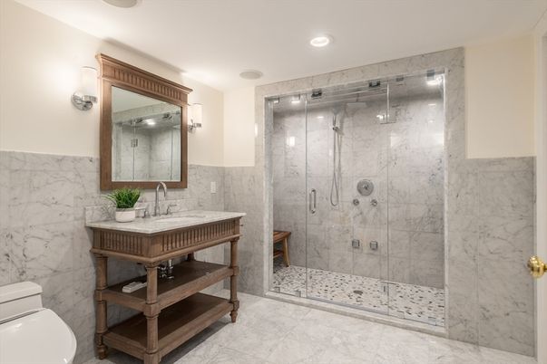 Bathroom, Glass Shower, Interior, Marble, Marble Walls, Recessed Lighting