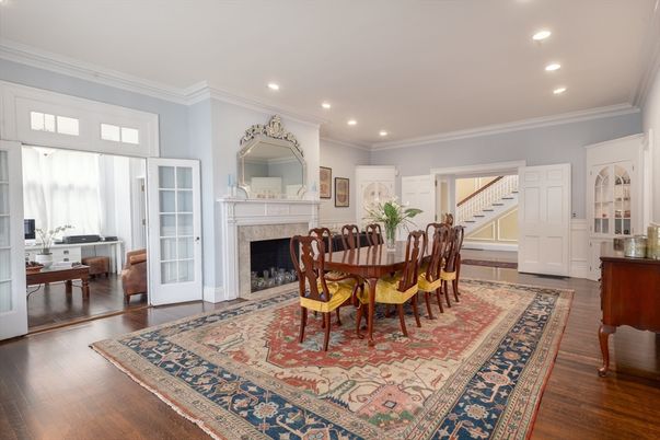 Dining room, Fireplace, Interior, Recessed Lighting, Wood Texture Flooring