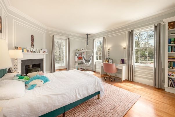 Bedroom, Fireplace, Home Office, Interior, Wood Texture Flooring