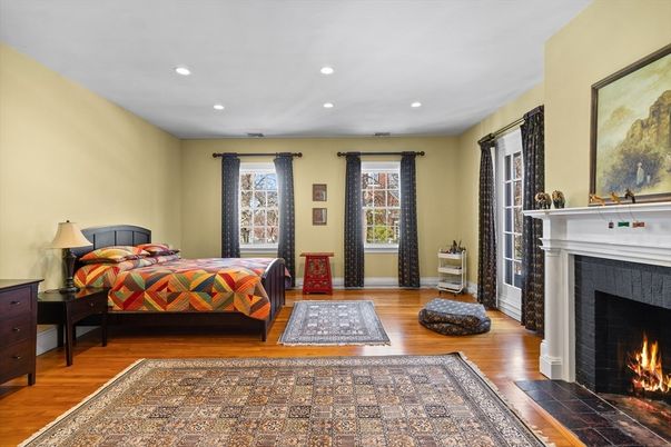 Bedroom, Fireplace, Interior, Recessed Lighting, Wood Texture Flooring