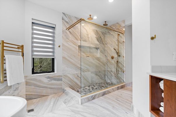 Bathroom, Glass Shower, Interior, Marble, Marble Walls, Recessed Lighting, Wood Texture Flooring