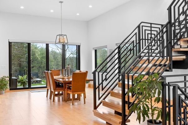 Dining room, Interior, Pendant Lights, Recessed Lighting, Wood Texture Flooring