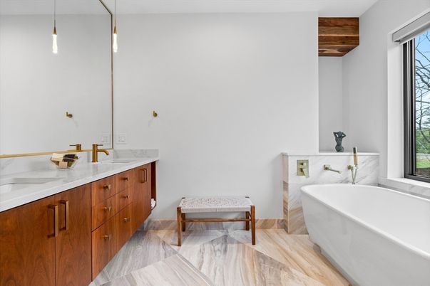 Bathroom, Dual Sink Vanities, Free Standing Baths, Interior, Marble, Pendant Lights
