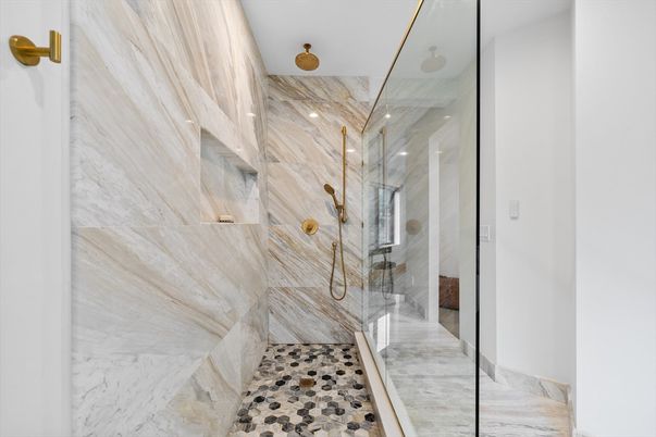 Bathroom, Glass Shower, Interior, Marble Walls, Recessed Lighting