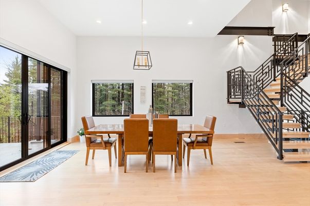 Dining room, Interior, Pendant Lights, Recessed Lighting, Wood Texture Flooring