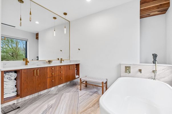 Bathroom, Dual Sink Vanities, Free Standing Baths, Interior, Marble, Pendant Lights, Recessed Lighting