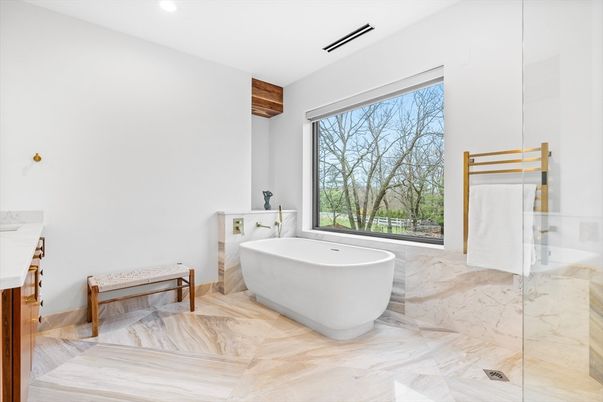 Bathroom, Free Standing Baths, Glass Shower, Interior, Marble, Recessed Lighting