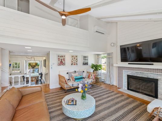 Dining room, Fireplace, Interior, Living room, Recessed Lighting, Wood Texture Flooring