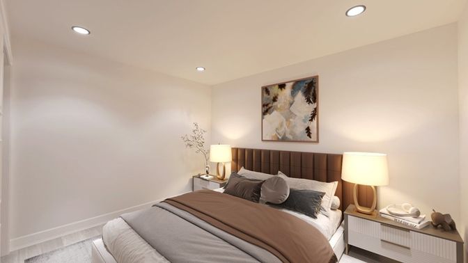 Bedroom, Interior, Recessed Lighting, Wood Texture Flooring