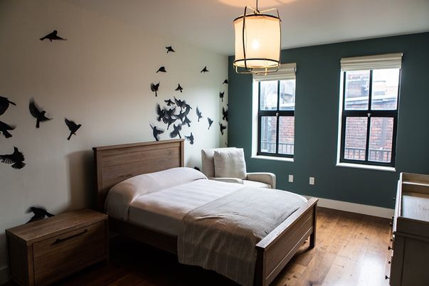 Bedroom, Interior, Pendant Lights, Wood Texture Flooring