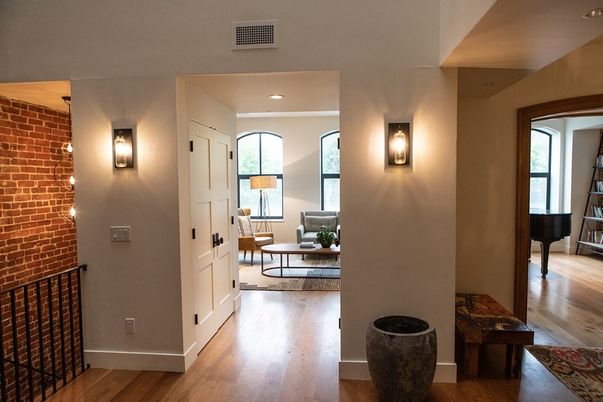 Interior, Living room, Piano, Recessed Lighting, Stone Walls, Wood Texture Flooring