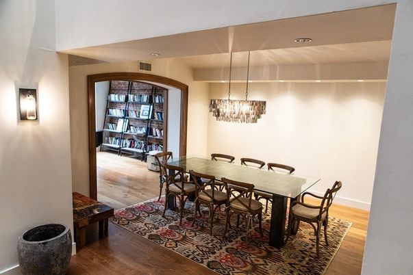 Dining room, Interior, Pendant Lights, Wood Texture Flooring