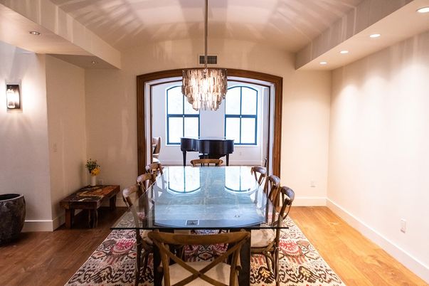 Chandelier, Dining room, Interior, Piano, Recessed Lighting, Wood Texture Flooring