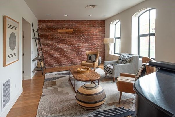 Interior, Living room, Recessed Lighting, Stone Walls, Wood Texture Flooring