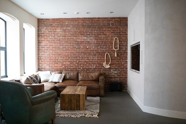 Interior, Living room, Recessed Lighting, Stone Walls