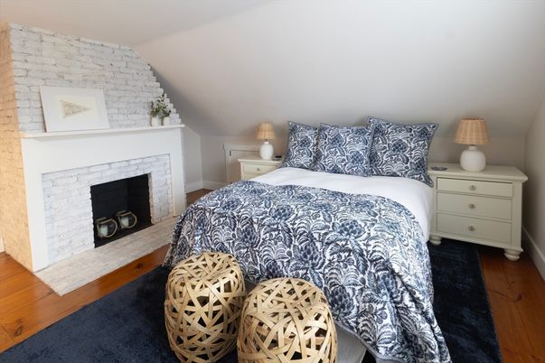 Bedroom, Fireplace, Interior, Stone Walls, Wood Texture Flooring