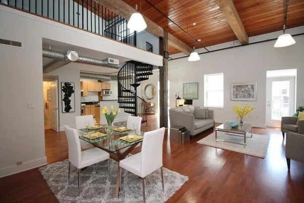 Dining room, Interior, Kitchen, Living room, Pendant Lights, Stainless Steel Appliances, Wooden Beams, Wooden Ceilings, Wood Texture Flooring