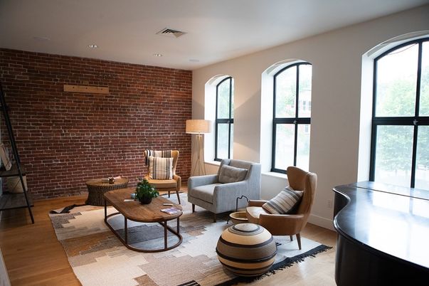 Interior, Living room, Recessed Lighting, Stone Walls, Wood Texture Flooring