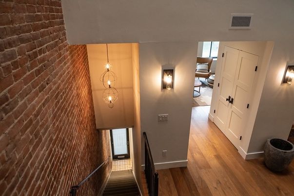 Interior, Pendant Lights, Stone Walls, Wood Texture Flooring