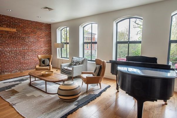 Interior, Living room, Piano, Recessed Lighting, Stone Walls, Wood Texture Flooring