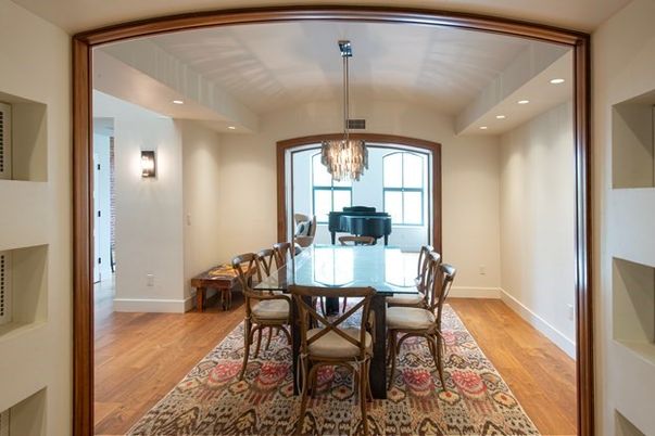 Chandelier, Dining room, Interior, Piano, Recessed Lighting, Wood Texture Flooring
