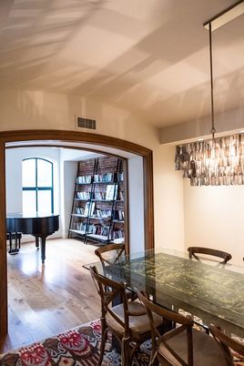 Dining room, Interior, Pendant Lights, Piano, Wood Texture Flooring