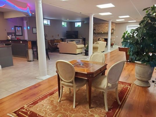 Dining room, Interior, Kitchen, Living room, Recessed Lighting, Stone Walls, Wood Texture Flooring