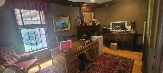 Fireplace, Home Office, Interior, Recessed Lighting, Wood Texture Flooring