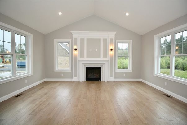 Empty room, Fireplace, Interior, Recessed Lighting, Wood Texture Flooring
