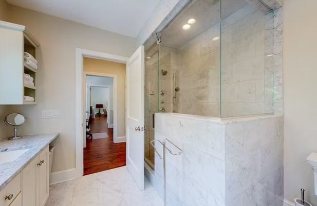 Bathroom, Glass Shower, Interior, Marble, Marble Walls, Recessed Lighting, Wood Texture Flooring