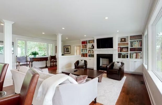 Fireplace, Interior, Living room, Recessed Lighting, Wood Texture Flooring