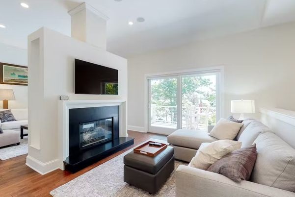 Fireplace, Interior, Living room, Recessed Lighting, Wood Texture Flooring