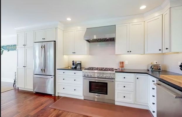 Interior, Kitchen, Recessed Lighting, Stainless Steel Appliances, Wood Texture Flooring