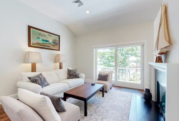 Fireplace, Interior, Living room, Recessed Lighting, Wood Texture Flooring