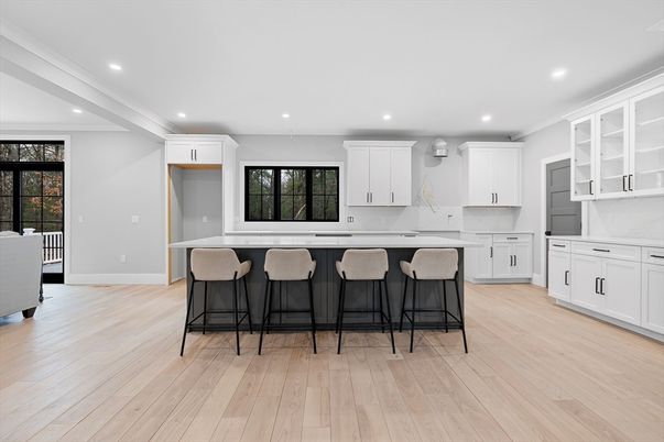 Interior, Kitchen, Marble Walls, Recessed Lighting, Wood Texture Flooring