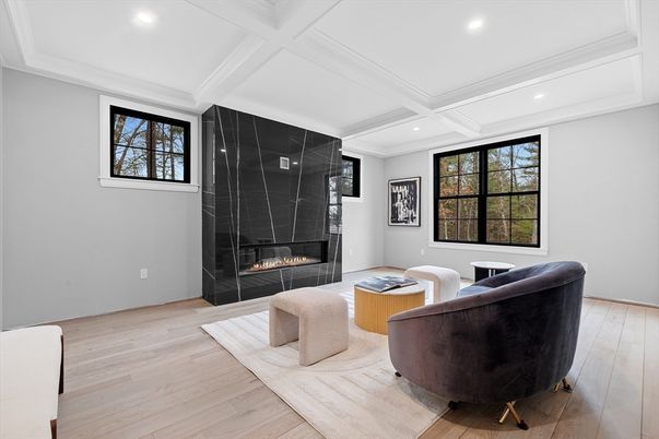 Fireplace, Interior, Living room, Recessed Lighting, Wood Texture Flooring
