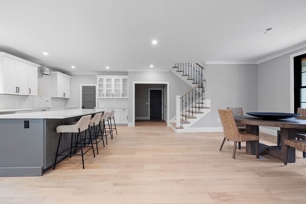 Dining room, Interior, Kitchen, Recessed Lighting, Wood Texture Flooring