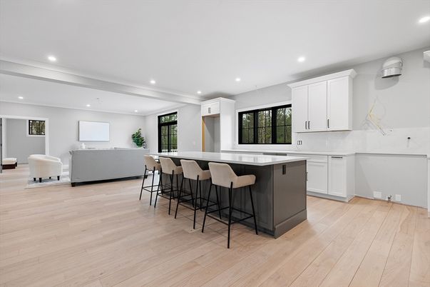 Interior, Kitchen, Living room, Marble Walls, Recessed Lighting, Wood Texture Flooring
