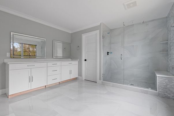 Bathroom, Dual Sink Vanities, Glass Shower, Interior, Marble Walls