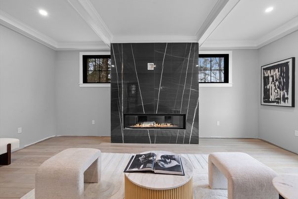 Fireplace, Interior, Living room, Recessed Lighting, Wood Texture Flooring