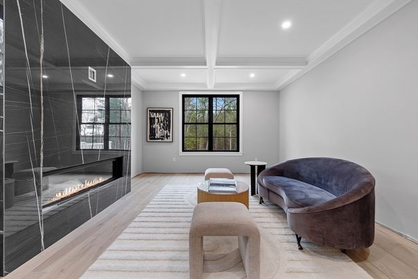 Fireplace, Interior, Recessed Lighting, Wood Texture Flooring