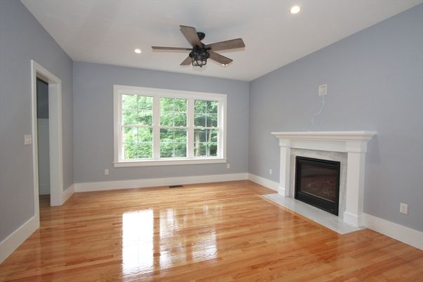 Empty room, Fireplace, Interior, Recessed Lighting, Wood Texture Flooring