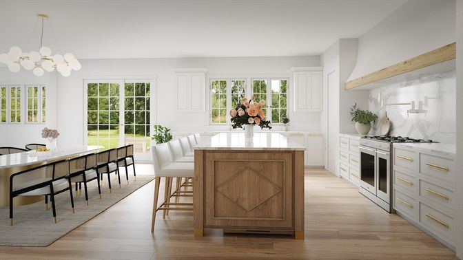 Dining room, Interior, Kitchen, Pendant Lights, Stainless Steel Appliances, Wood Texture Flooring