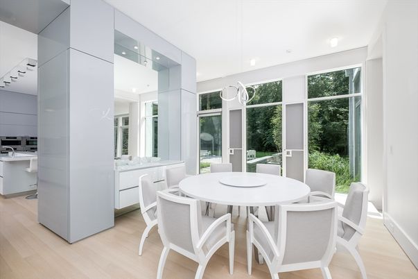 Dining room, Interior, Kitchen, Pendant Lights, Recessed Lighting, Wood Texture Flooring